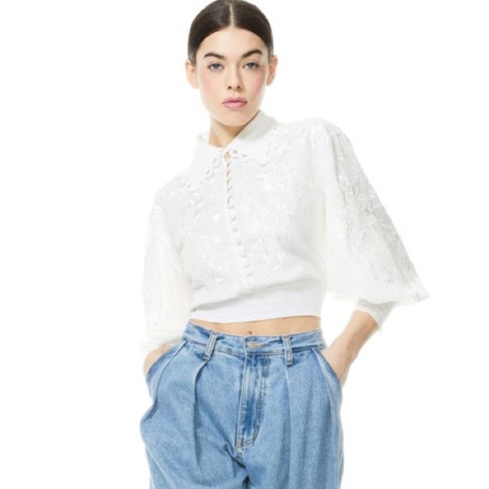 ALICE + OLIVIA Onella Embroidered Button Front Top - Picture 3 of 10